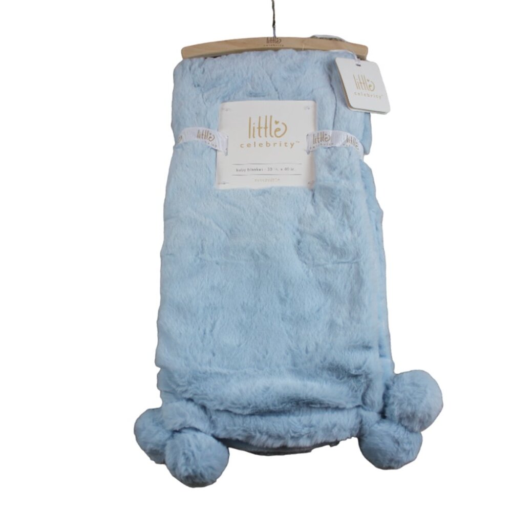 Little Celebrity Blue Faux Fur Plush Pom Pom Baby Blanket Infant Boys NWT RARE